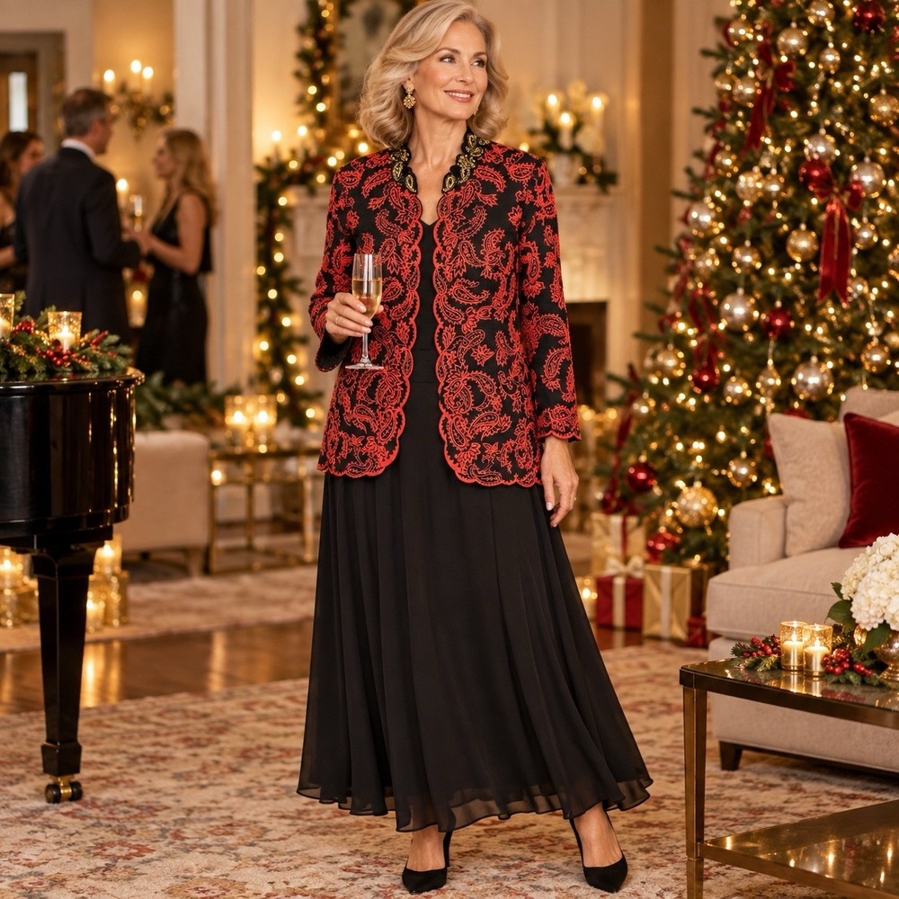 Chico's Size 2 Black Red Embroidered Paisley Long Jacket Beaded Collar